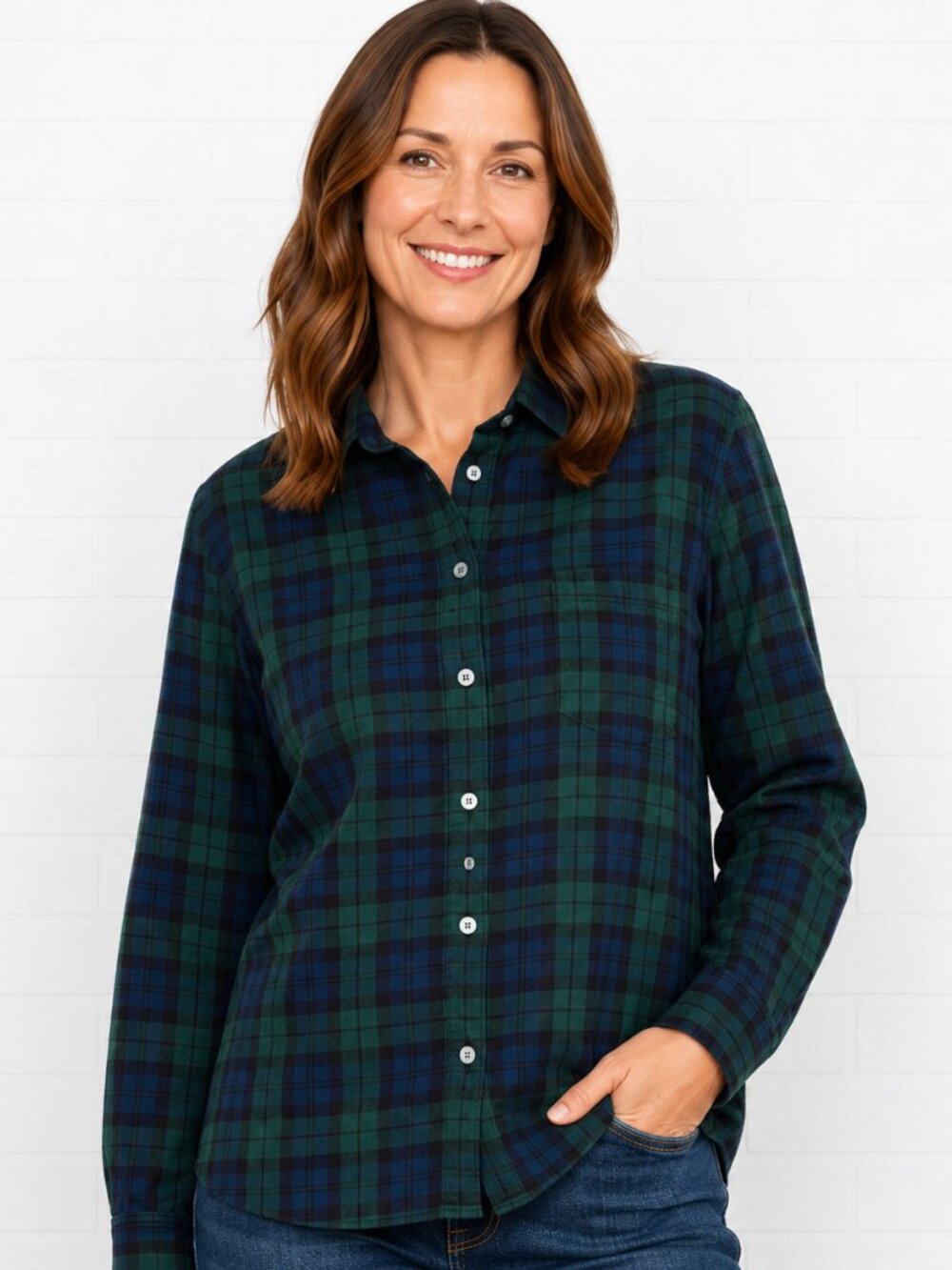 J.Crew Re-Imagined Large Green Navy Tartan Plaid Long Sleeve Button Front Top